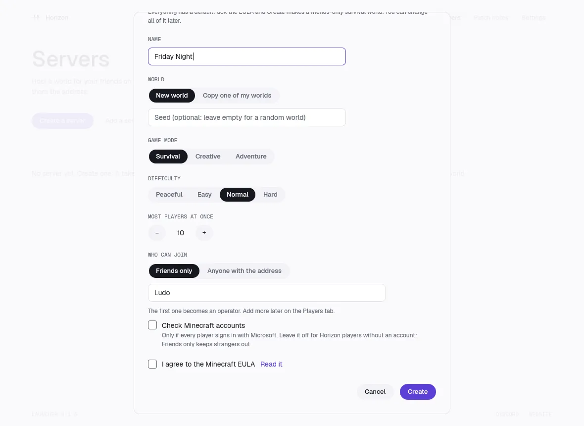 The Create a server dialog
