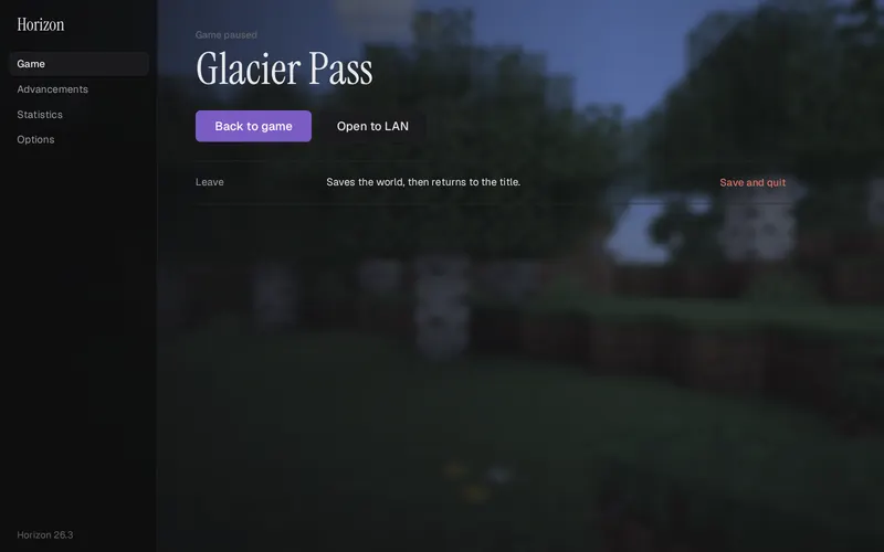 The pause screen of the world Glacier Pass, with Back to game, Open to LAN and Save and quit