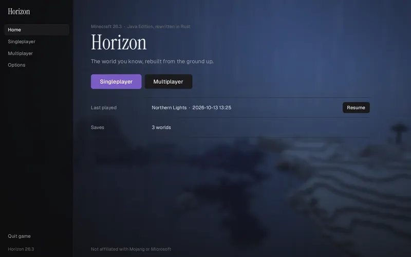 Horizon's title screen: a sidebar, the Horizon title, Singleplayer and Multiplayer buttons and the last world played, over a blurred frozen landscape