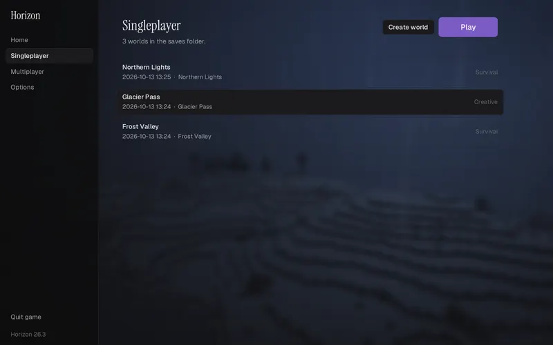 The Singleplayer page: three worlds with their dates and game modes, and Create world and Play buttons