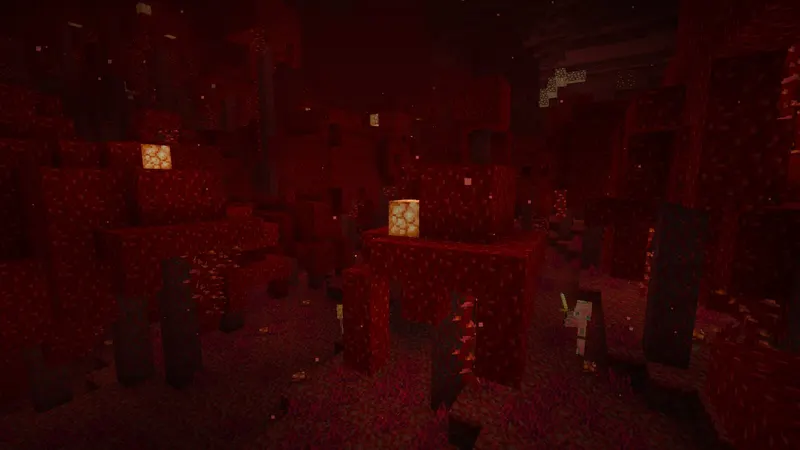 A crimson forest in the Nether with a zombified piglin