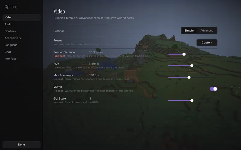 The Video settings in their Simple view: a preset, render distance, field of view, framerate, VSync and GUI scale, each with what it costs