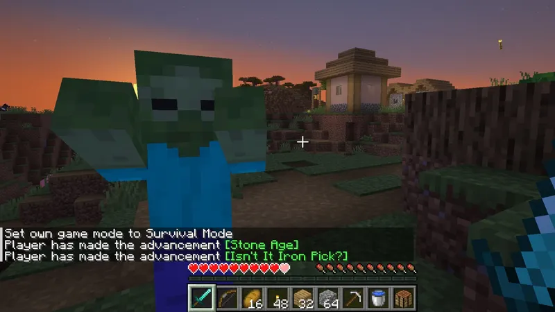 Survival at dusk: a zombie attacks near the village, with the hotbar and chat