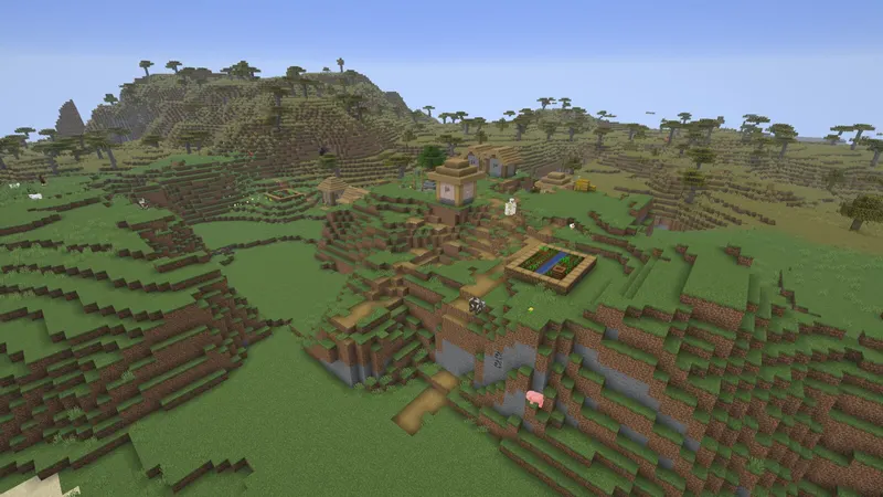 A plains village with farms, an iron golem and animals